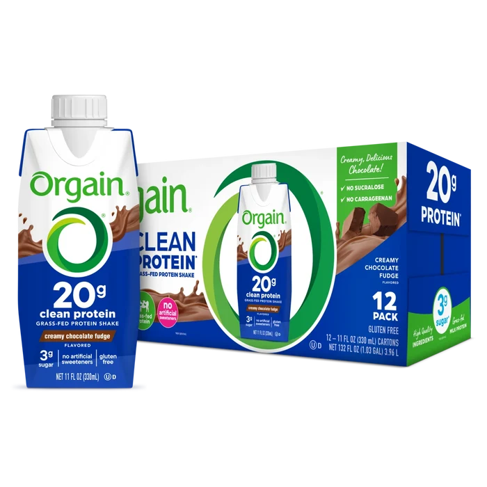 Single and case of 20g Clean Protein Shake Creamy Chocolate Fudge Flavor in the 12 Shakes Size
