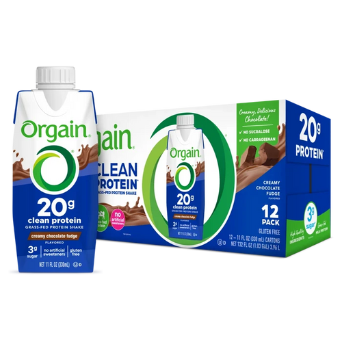 Single and case of 20g Clean Protein Shake Creamy Chocolate Fudge Flavor in the 12 Shakes Size