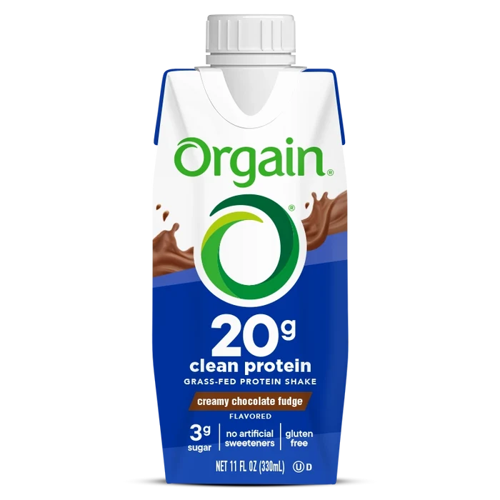 Front of 20g Clean Protein Shake Creamy Chocolate Fudge Flavor in the single shake packaging