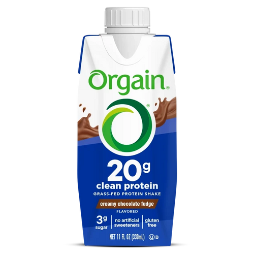 Front of 20g Clean Protein Shake Creamy Chocolate Fudge Flavor in the single shake packaging
