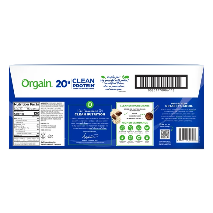 Back of 20g Clean Protein Shake Creamy Chocolate Fudge Flavor in the 12 Shakes Size