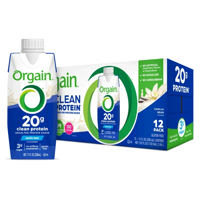 Single and case of 20g Clean Protein Shake - Vanilla Bean Flavor in the 12 Shakes Size