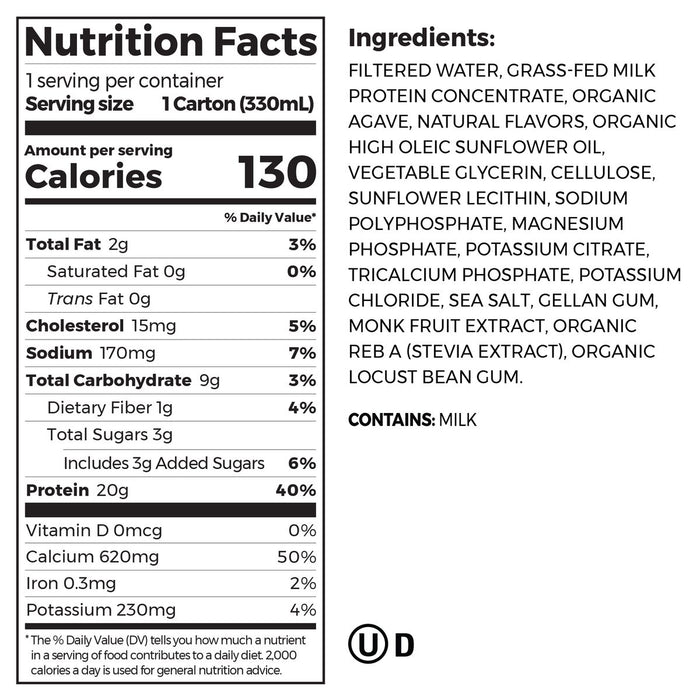 Nutrition Fact Panel and List of Ingredients for 20g clean protein shake in vanilla bean flavor