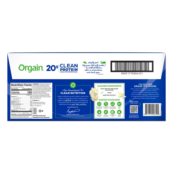 Back of 20g Clean Protein Shake - Vanilla Bean Flavor in the 12 Shakes Size