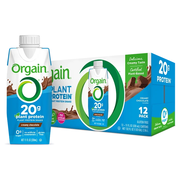 Single and case of 20g Plant-Based Protein Shake Creamy Chocolate Flavor in the 12 Shakes Size
