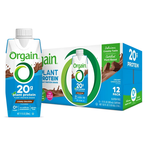 Single and case of 20g Plant-Based Protein Shake Creamy Chocolate Flavor in the 12 Shakes Size