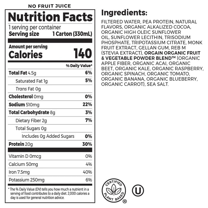 Nutrition fact panel and list of ingredients of 20g Plant-Based Protein Shake Creamy Chocolate Flavor