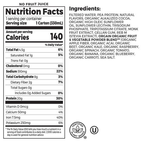 Nutrition fact panel and list of ingredients of 20g Plant-Based Protein Shake Creamy Chocolate Flavor