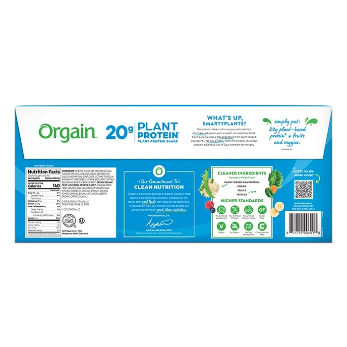 Back of 20g Plant-Based Protein Shake Creamy Chocolate Flavor in the 12 Shakes Size