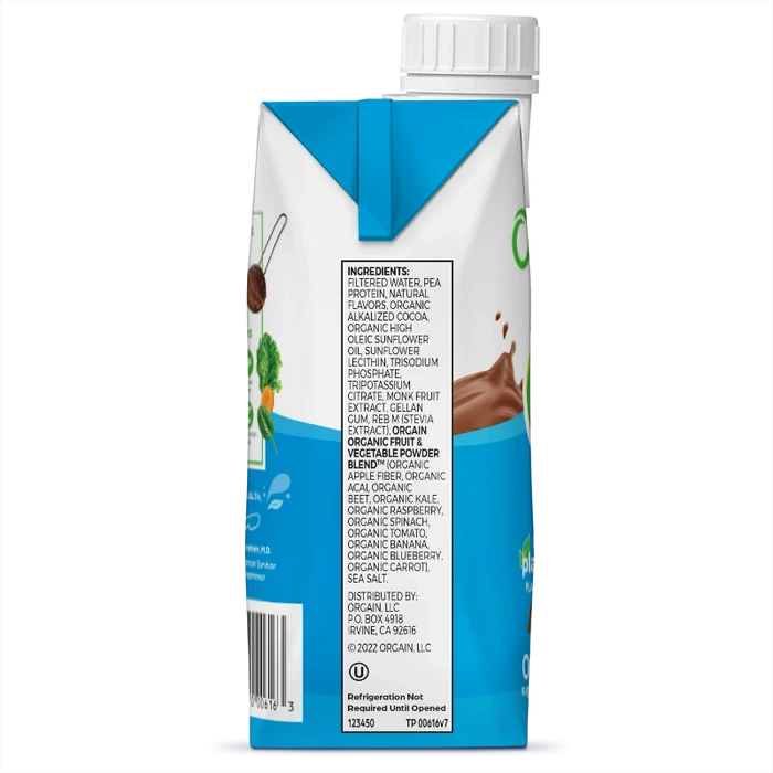 Left side of 20g Plant-Based Protein Shake Creamy Chocolate Flavor in the 12 Shakes Size