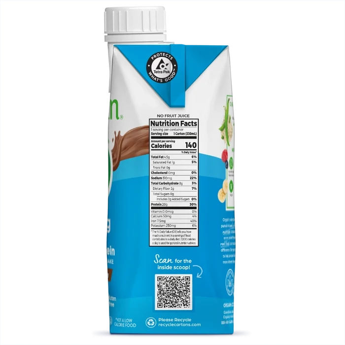 Right side of 20g Plant-Based Protein Shake Creamy Chocolate Flavor in the 12 Shakes Size