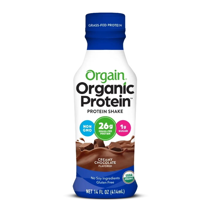 Front of 26g Organic Protein Grass Fed Protein Shake Creamy Chocolate Fudge Flavor in the 12 Shakes Size