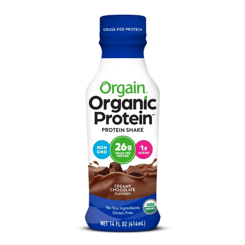 Front of 26g Organic Protein Grass Fed Protein Shake Creamy Chocolate Fudge Flavor in the 12 Shakes Size