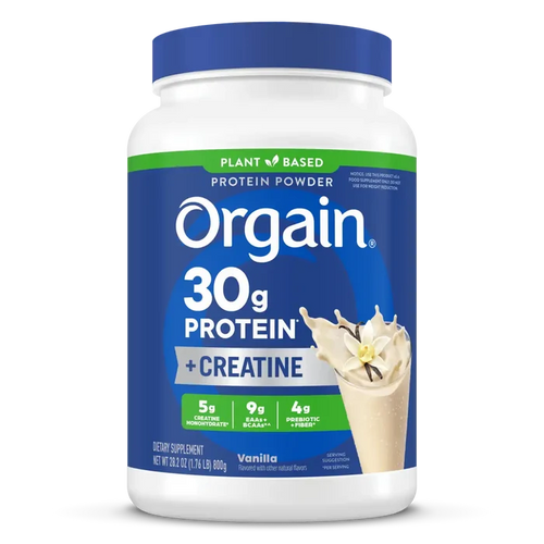 Front of the Orgain Plant-Based 30g Protein + Creatine powder tub in Vanilla, with a blue lid and label showing 5g creatine monohydrate, 9g EAAs + BCAAs, and 4g prebiotic + fiber per serving. Net weight 28.2 oz (1.76 lb), on a white background.