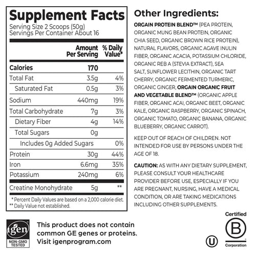 Orgain 30g Protein + Creatine Supplement Facts and ingredients panel: 170 calories, 30g protein, 5g creatine per serving.