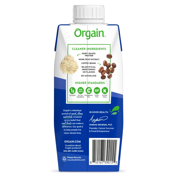 Back of 30g protein shake cafe latte flavor single serving
