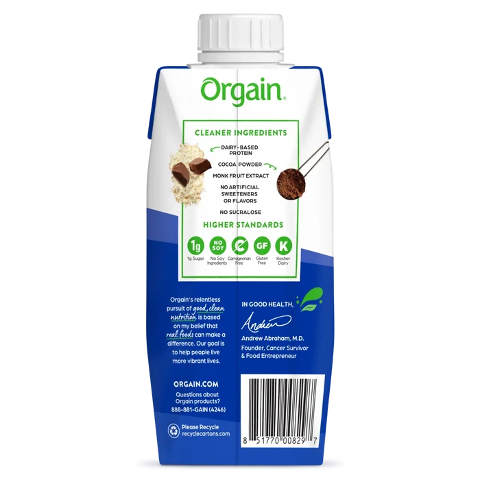 Back of 30g Protein Shake single in chocolate fudge flavor
