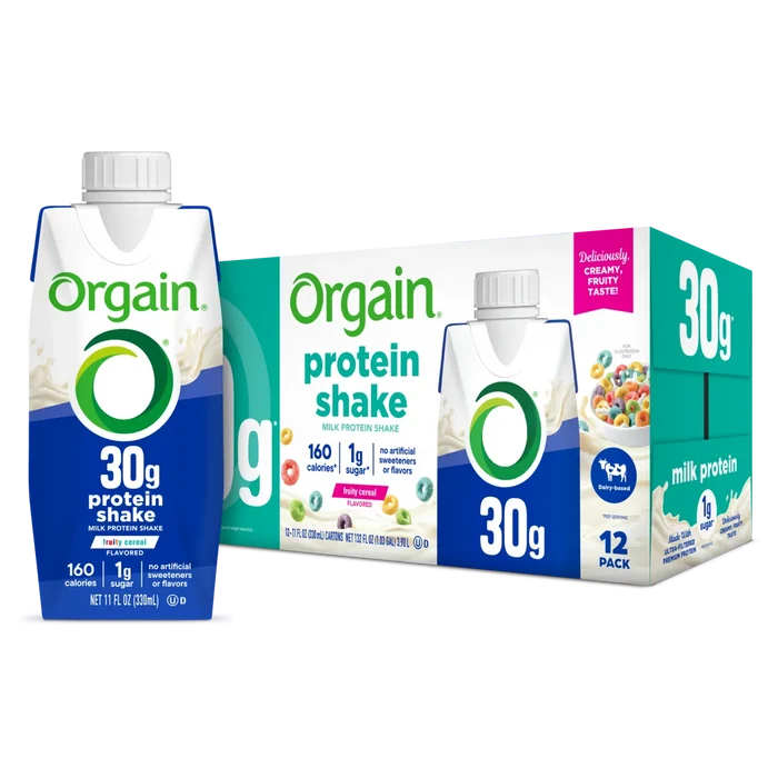 Front of Orgain 30g protein shake fruity cereal 12 pack and tetra