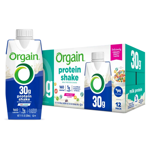 Front of Orgain 30g protein shake fruity cereal 12 pack and tetra