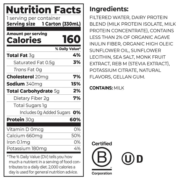 Nutrition Fact Panel and list of ingreidents for Orgain 30g protein shake fruity cereal single shake
