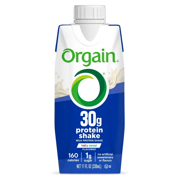 Front of Orgain 30g protein shake fruity cereal single shake