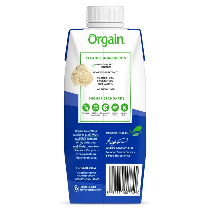 Back of Orgain 30g protein shake fruity cereal single shake