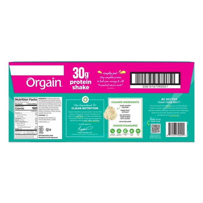 Back of 30g orgain protein shake fruity cereal 12 pack