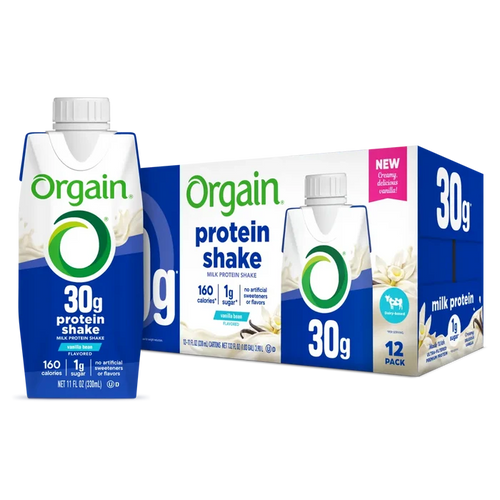 Packaging of Orgain 30g Protein Shake in Vanilla Bean flavor. The packaging is predominantly white and blue with an image of the shake bottle and the 'new' label.