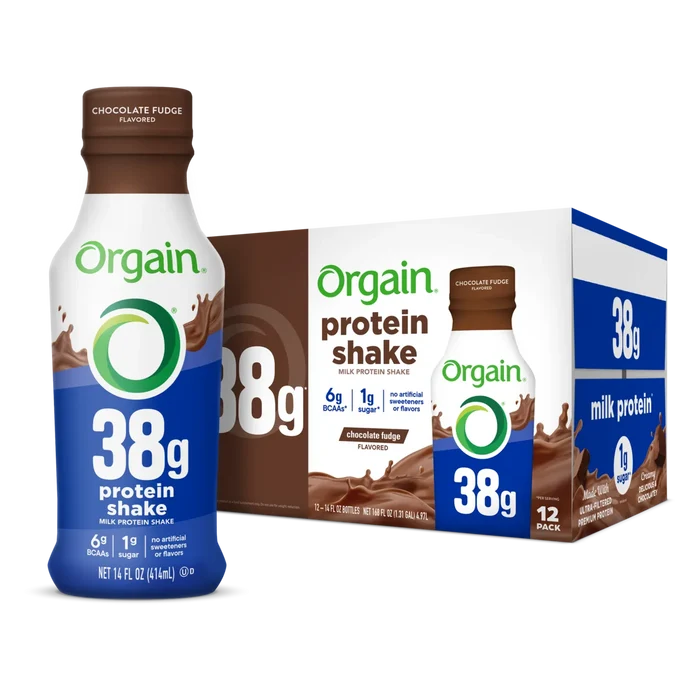 Bottle and Box for the Orgain 38g Protein Shake in Chocolate Fudge flavor in the 12 pack size