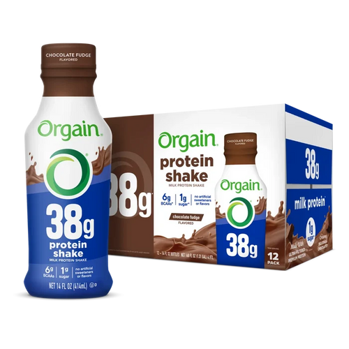 Bottle and Box for the Orgain 38g Protein Shake in Chocolate Fudge flavor in the 12 pack size