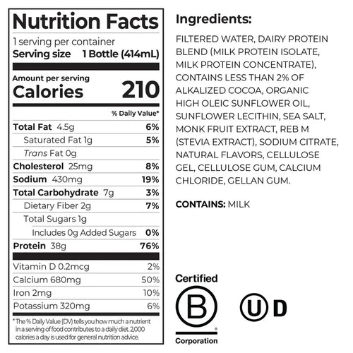 Nutrition Fact Panel for the Orgain 38g Protein Shake in Chocolate Fudge flavor