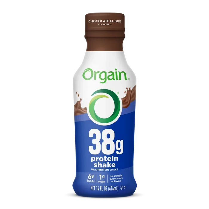 Front of bottle for Orgain 38g Protein Shake in Chocolate Fudge flavor