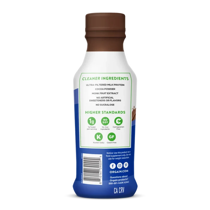 Left side of bottle for Orgain 38g Protein Shake in Chocolate Fudge flavor