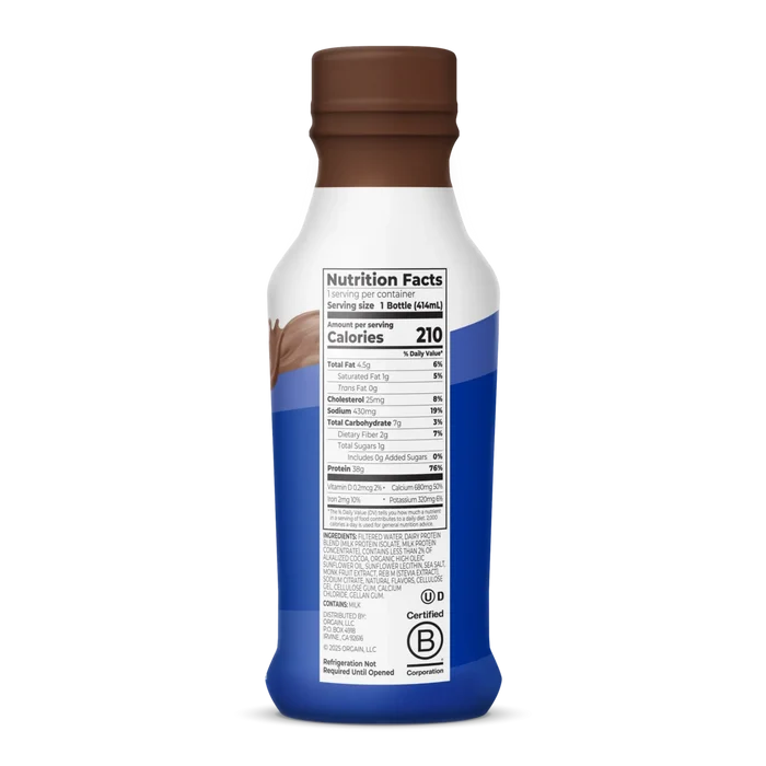 Right side of bottle for Orgain 38g Protein Shake in Chocolate Fudge flavor