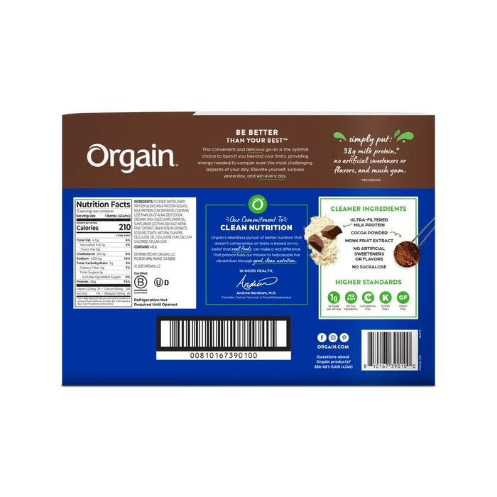 Back of Box for the Orgain 38g Protein Shake in Chocolate Fudge flavor in the 12 pack size