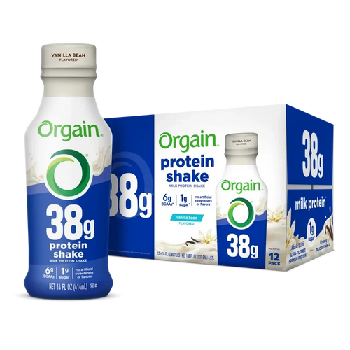 Bottle and Box for the Orgain 38g Protein Shake in Vanilla Bean flavor in the 12 pack size