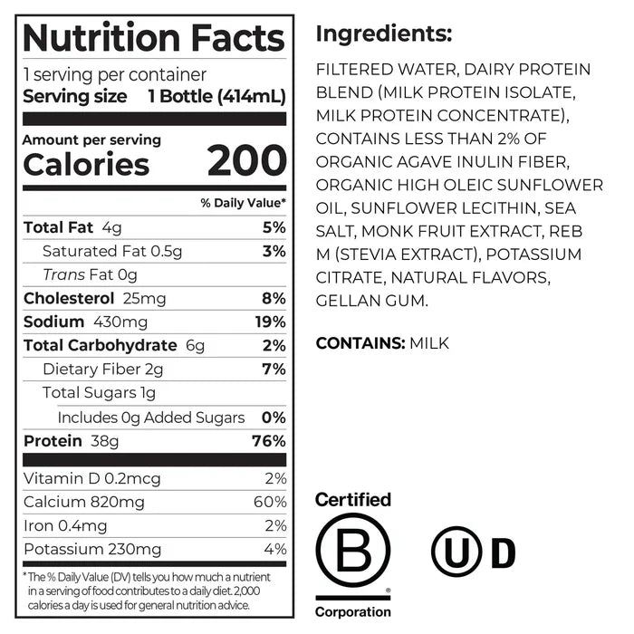 Nutrition Fact Panel for Orgain 38g Protein Shake in Vanilla Bean flavor