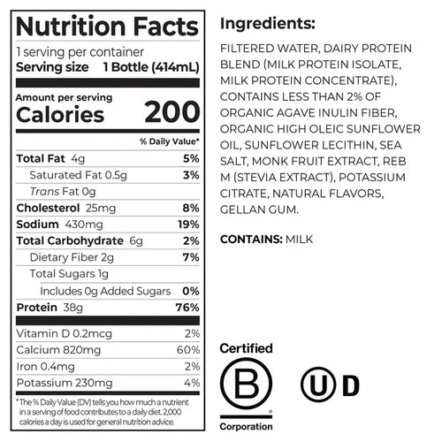 Nutrition Fact Panel for Orgain 38g Protein Shake in Vanilla Bean flavor