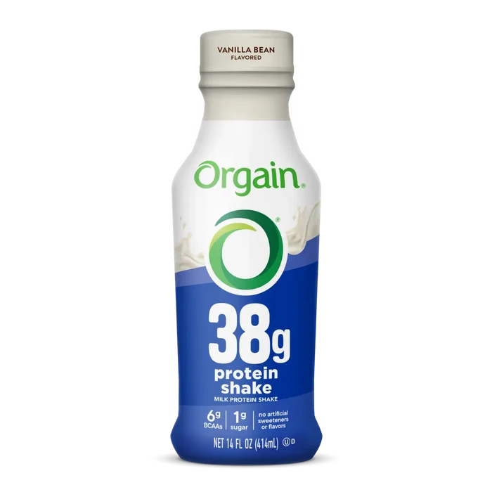 Front of bottle for Orgain 38g Protein Shake in vanilla bean flavor