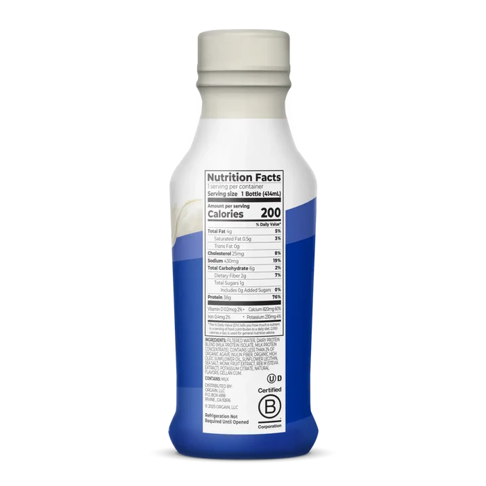 right side of bottle for Orgain 38g Protein Shake in vanilla bean flavor