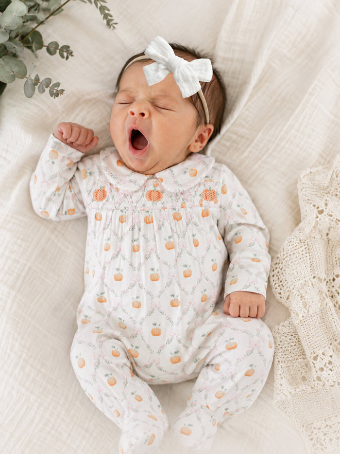 Angel Dear Pretty Pumpkin Trellis Smocked Peter Pan Snap Footie