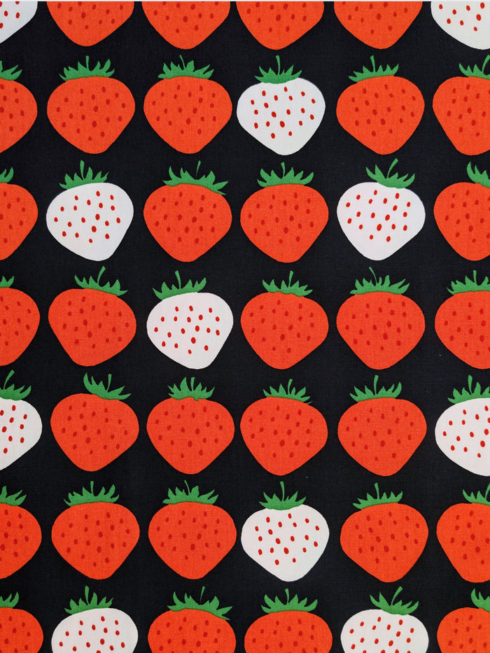 Asano - Big Strawberries Cotton Oxford Canvas Fabric - Black & white REMNANT