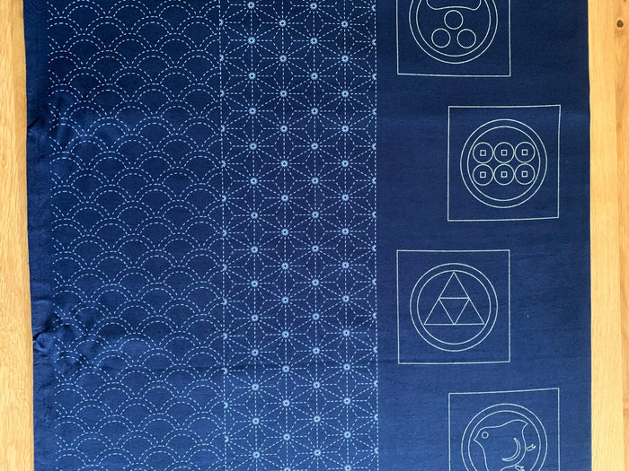 Ayatex - Family Crests Sashiko Fabric Panel - Black Blue Beige