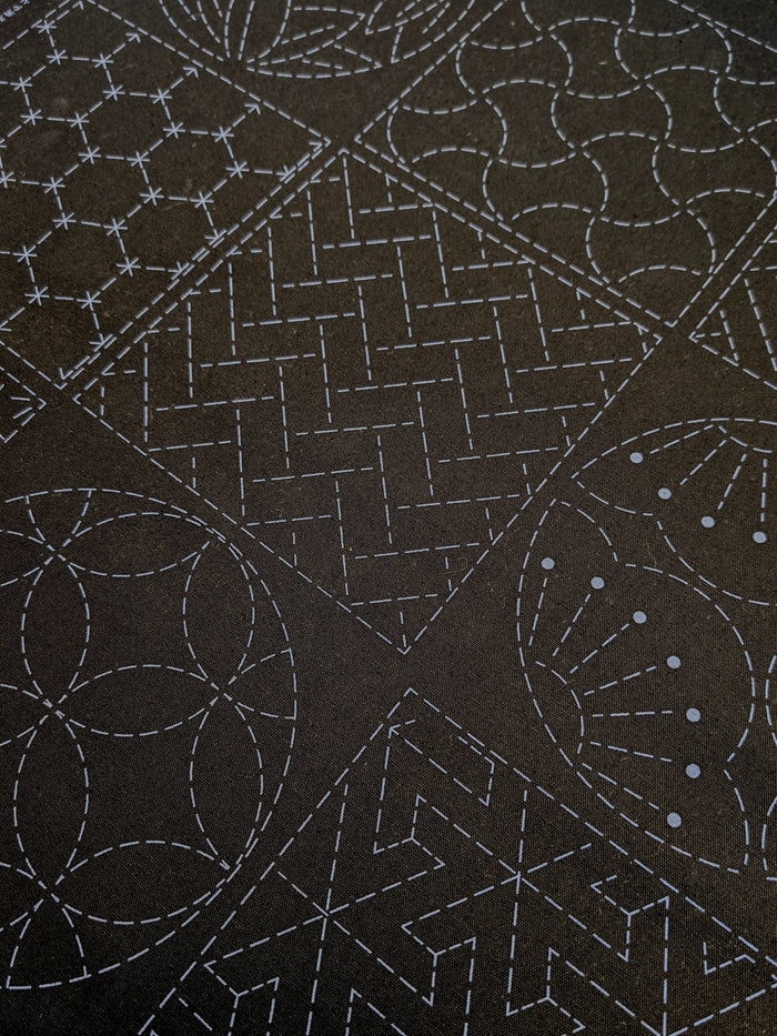 Ayatex - Patterned Blocks and Circles Pre-Printed Sashiko Cotton Fabric - Black/Navy/Beige