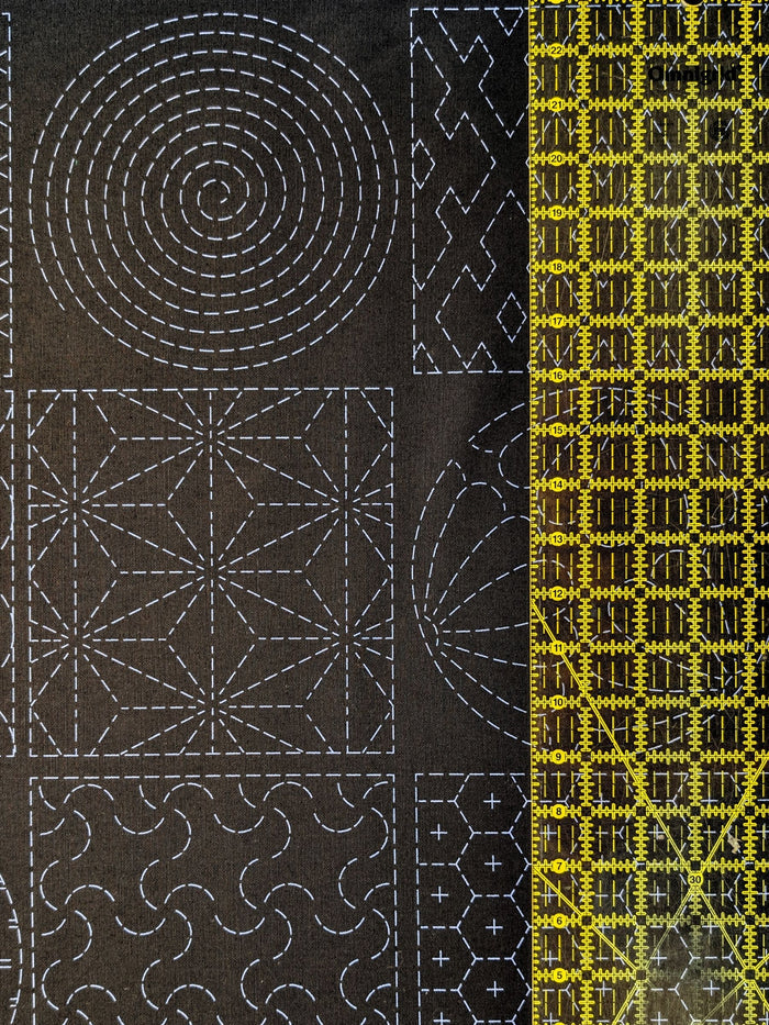 Ayatex - Patterned Blocks and Circles Pre-Printed Sashiko Cotton Fabric - Black/Navy/Beige