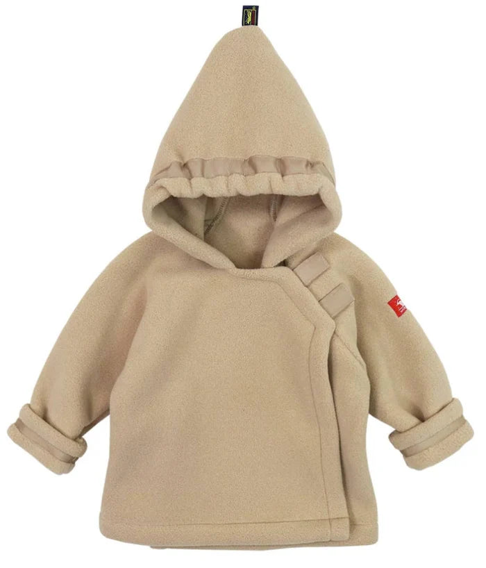 Beige baby hoodie with shoulder straps on a white background