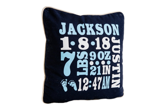 Birth announcement pillow — personalized with baby name, date, weight, and length