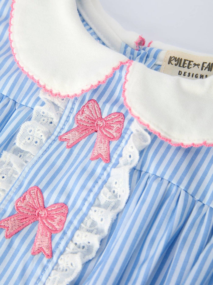 Blue Stripe Girl Romper Petal Peter Pan Collar Bow