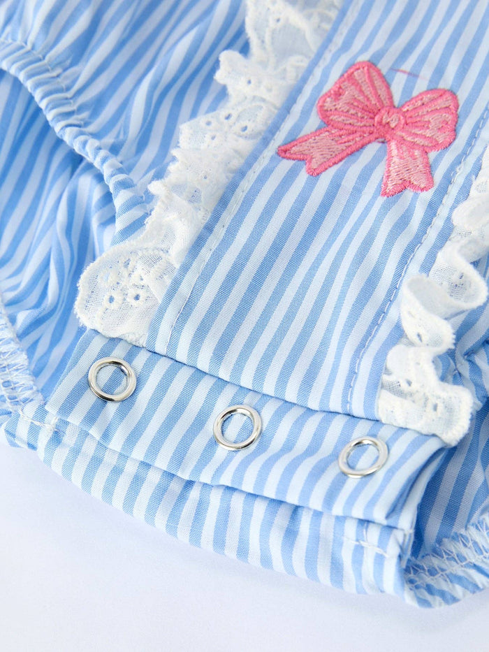 Blue Stripe Girl Romper Petal Peter Pan Collar Bow