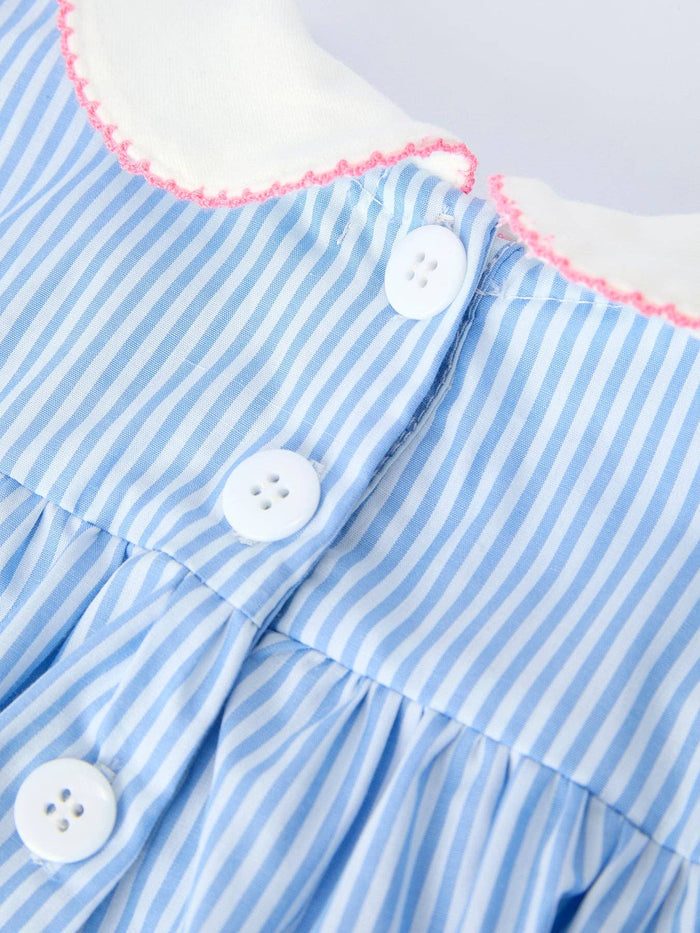 Blue Stripe Girl Romper Petal Peter Pan Collar Bow